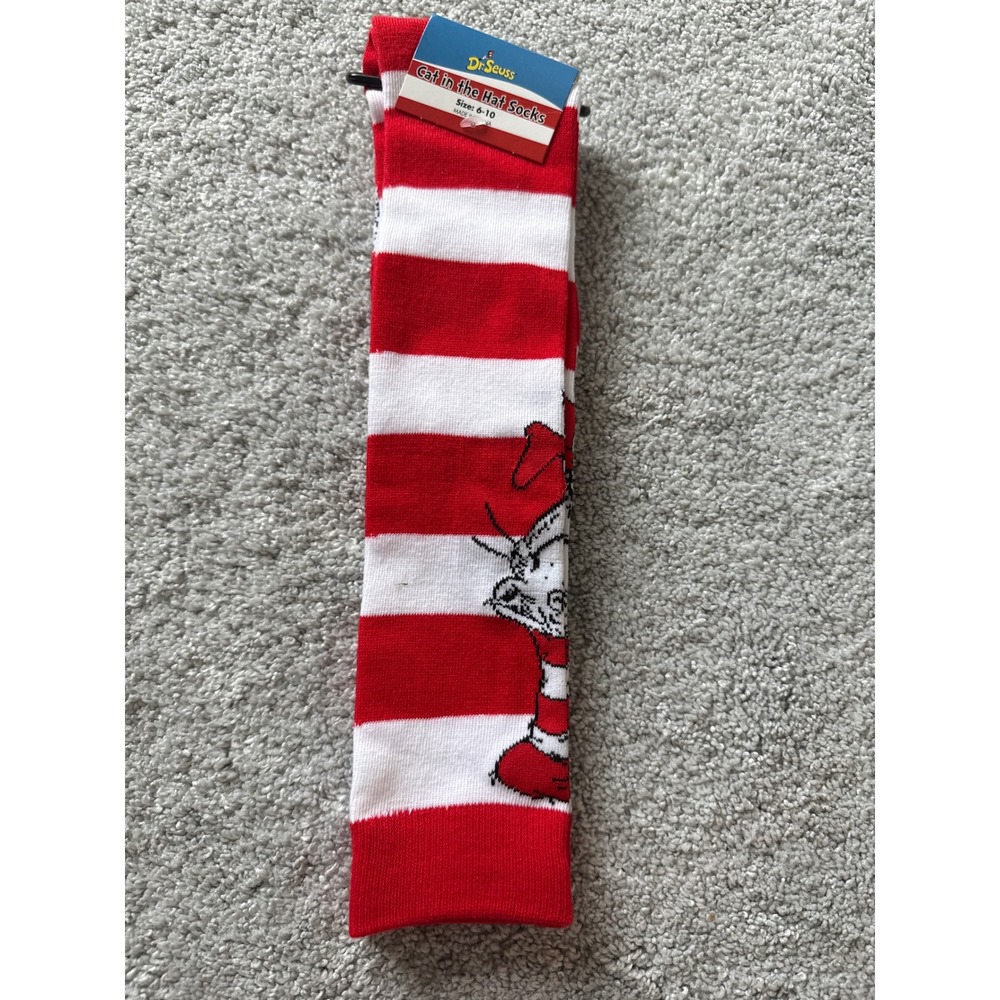 Dr. Seuss Cat in the Hat Socks Red White Striped Knee High Womens Size 6-10 NWT